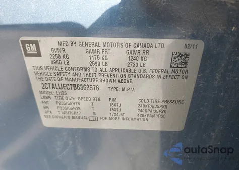 2011 GMC Terrain Slt-1 из США, поврежденный, VIN 2CTALUEC7B6363576